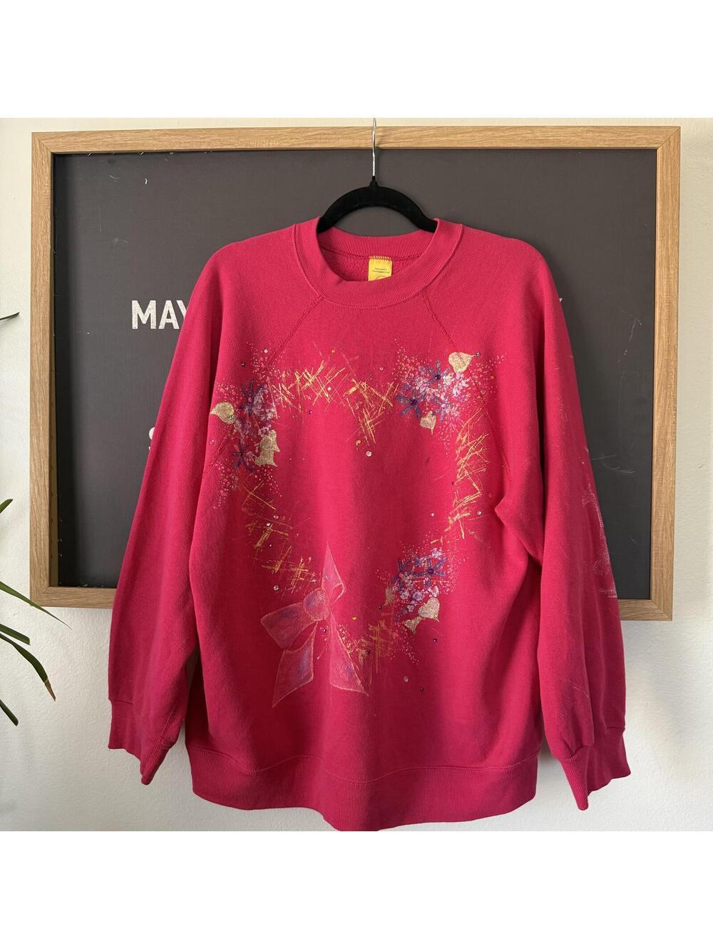 Pink Cotton Sweatshirt Hand Painted Heart Graphic 2XL Vintage Tultex